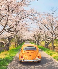 Yellow VW and cherry blossom adult paint by numbers