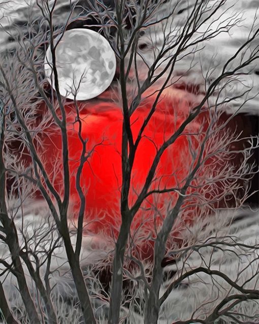 Moon forest red silhouette adult paint by numbers