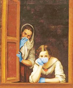 Two Women At Window Wearing Masks Paint By Numbers