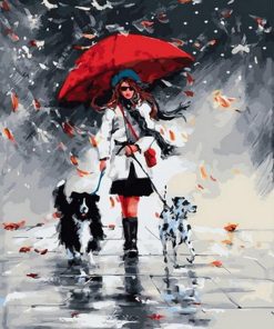 Enjoying A Walk In The rain With Her Dogs