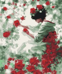 Japanese Girl Red Flowers Paint by numbers