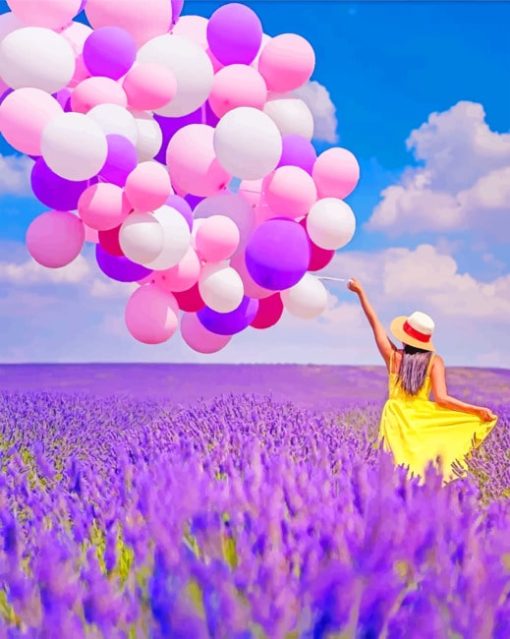 Girl Holding Balloons In Lavender Field Girl Holding Balloons In Lavender Field paint by numbers