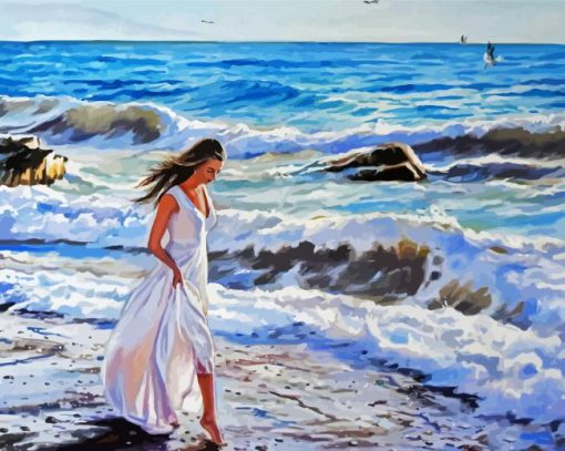 Beautiful Girl Walking On Beach paint by number