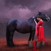 Aesthetic Woman In Red On A Black Horse paint by number