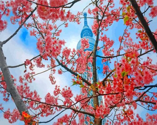 Cherry Blossoms Japan Skytree paint by number