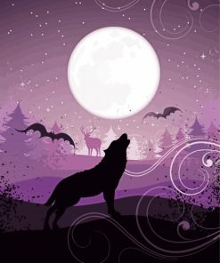 Purple Full Moon With Howling Wolf paint by number