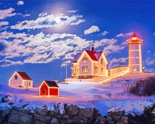 Nubble Lighthouse Christmas Lights paint by number