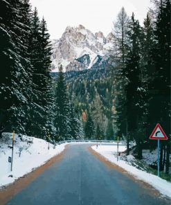 Forest Road To A Mountain In Winter paint by number