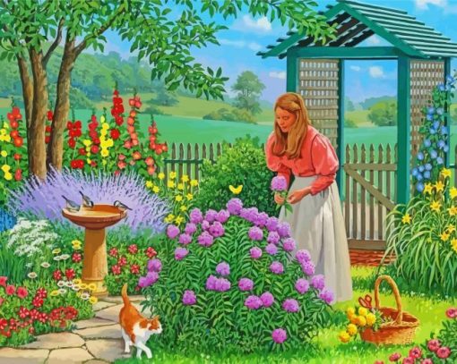 Girl And Cat In Garden paint by number