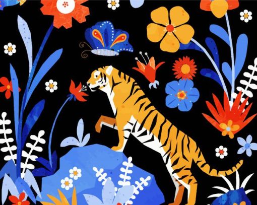 Illustration Tiger And Flowers paint by number