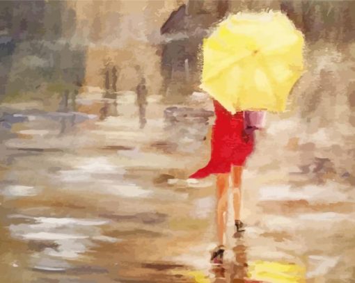 Lady With Yellow Umbrella And Red Dress paint by number
