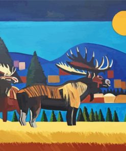 Moose And Moon In Field paint by number