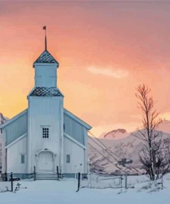 Aesthetic Winter Church Landscape paint by number