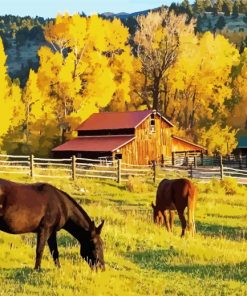 Barn And Horses In Autumn paint by number