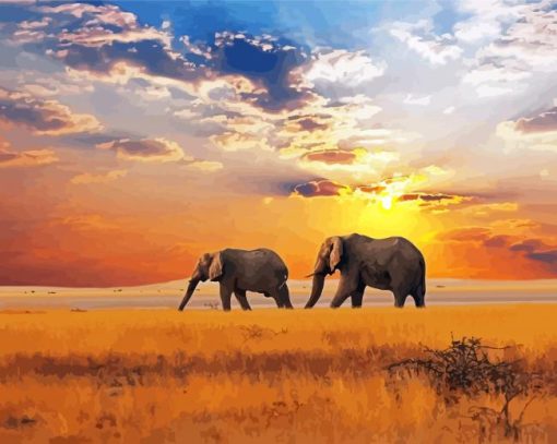 Elephants Sunset African Landscape paint by number