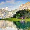 Landscape Swiss Cottage Mountains Lake paint by number