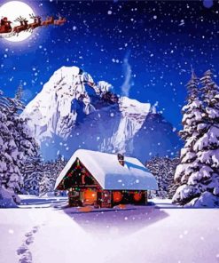 Winter Santa Claus Mountain Cabin paint by number