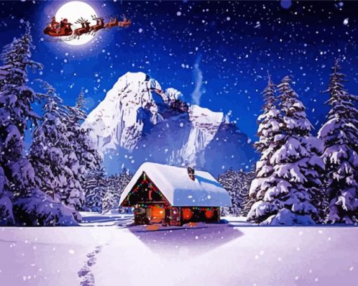 Winter Santa Claus Mountain Cabin paint by number