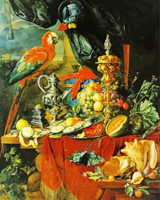 A Richly Laid Table With Parrots By Jan Davidsz De Heem paint by number
