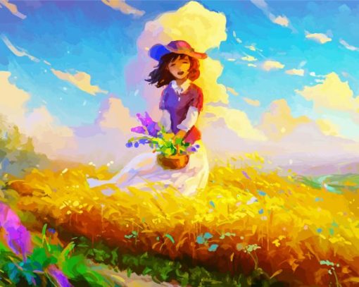 Anime Girl With Flowers Basket paint by number