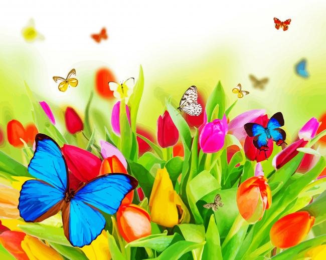 Butterflies On Tulips - Paint By Number - NumPaints - Paint by numbers