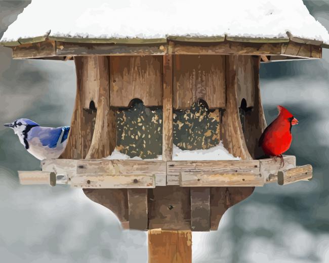 Cardinal And Blue Jay At Bird Feeder paint by number