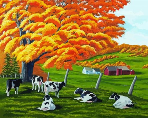 Cows Fall Scene Farm Art paint by number