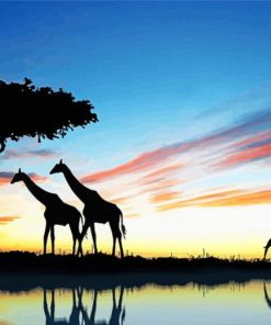 Elephant And Giraffes Lake Reflection Silhouette paint by number