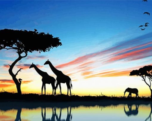 Elephant And Giraffes Lake Reflection Silhouette paint by number