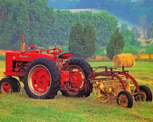 Red Tractor In Hay Field paint by number