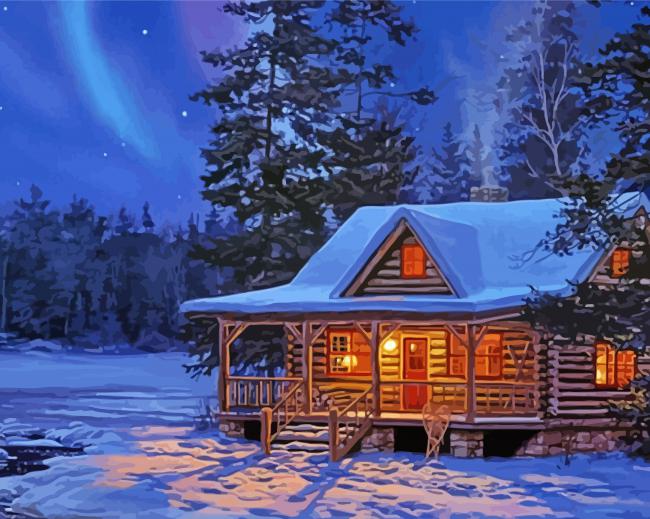 Winter Cabin In The Forest paint by number