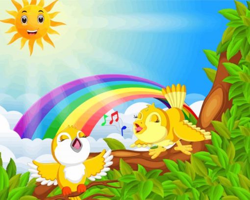 Cartoon Rainbow Birds On Tree Branch paint by number