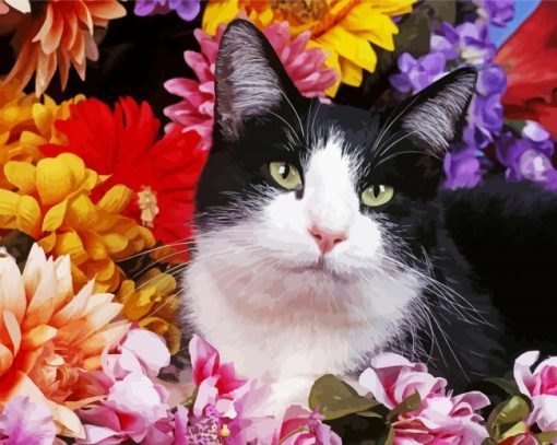 Cute Black Cat And Colorful Flowers paint by number