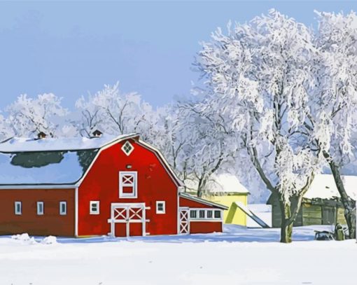 Red Barn With Winter Snow paint by number