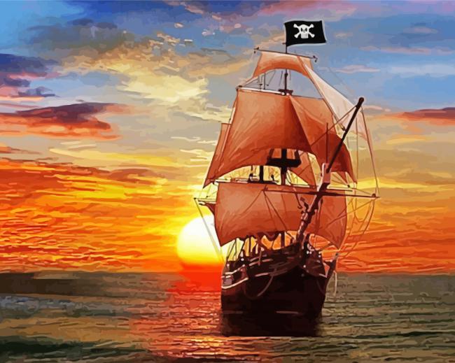 Sunset Pirate Ship Paint by number