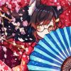 Anime Girl Holding Hand Fan Paint by number
