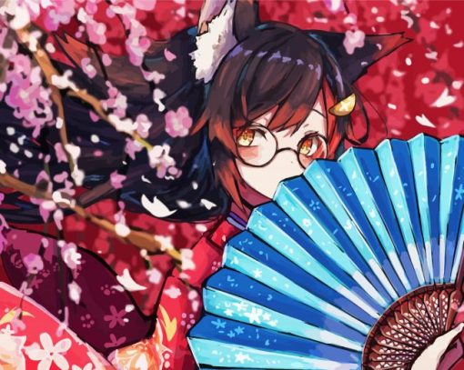Anime Girl Holding Hand Fan Paint by number