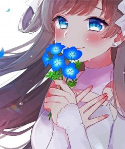 Blue Floral Anime Woman paint by number
