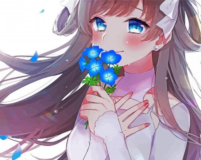Blue Floral Anime Woman paint by number
