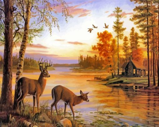 Cabin In Woods With Deer paint by number
