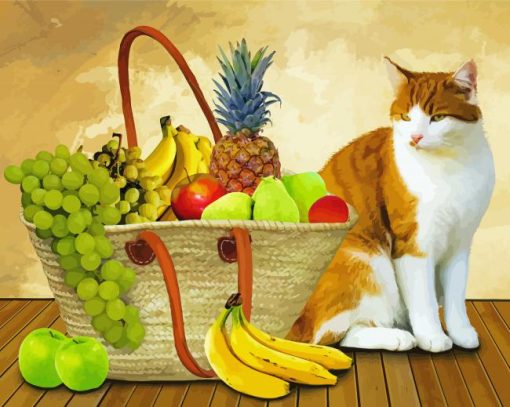 Cat And Fruits In Basket paint by number