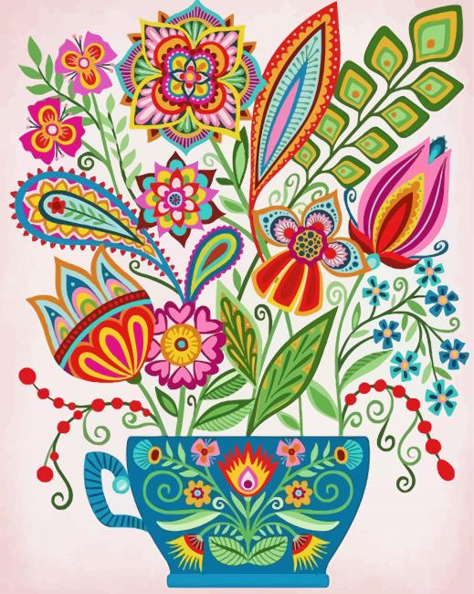 Folk Teacup Flowers paint by number