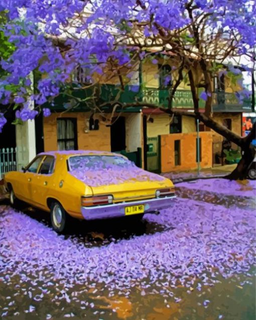 Jacaranda Tree And Yellow Car paint by number