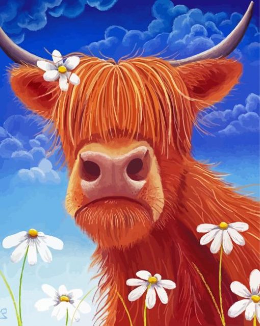 Highland Cow Art With Daisies paint by number