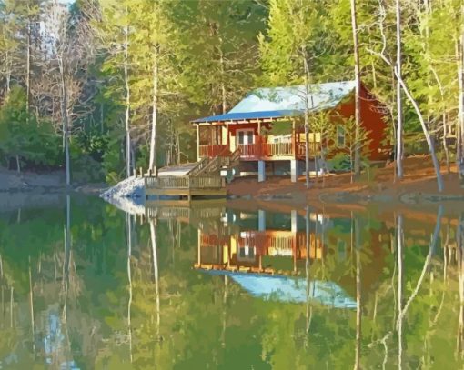 Secluded Cabin Water Reflection Art paint by number