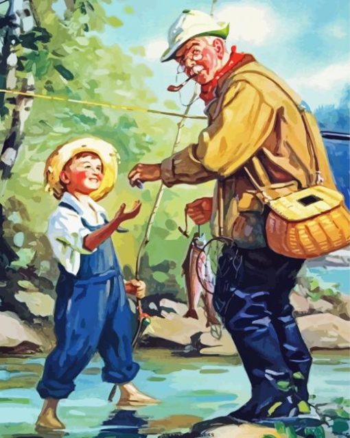 Vintage Grandpa Fishing With Grandson paint by number