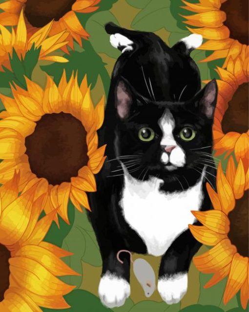 Black Cat And Sunflowers paint by number