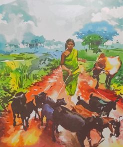 Goat Grazing Lady Indian Landscapes paint by number