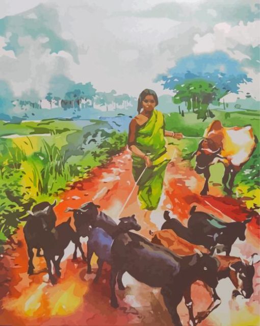 Goat Grazing Lady Indian Landscapes paint by number