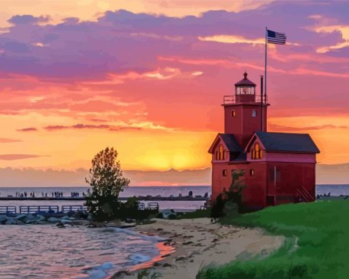 Holland Lighthouse Sunset paint by number